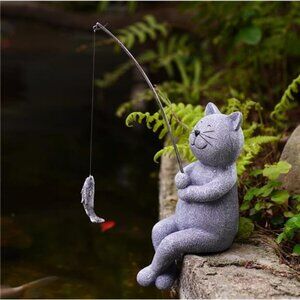Fishing Cat Garden Statue – 10" Little Cat Fisher for Garden Pond Decor